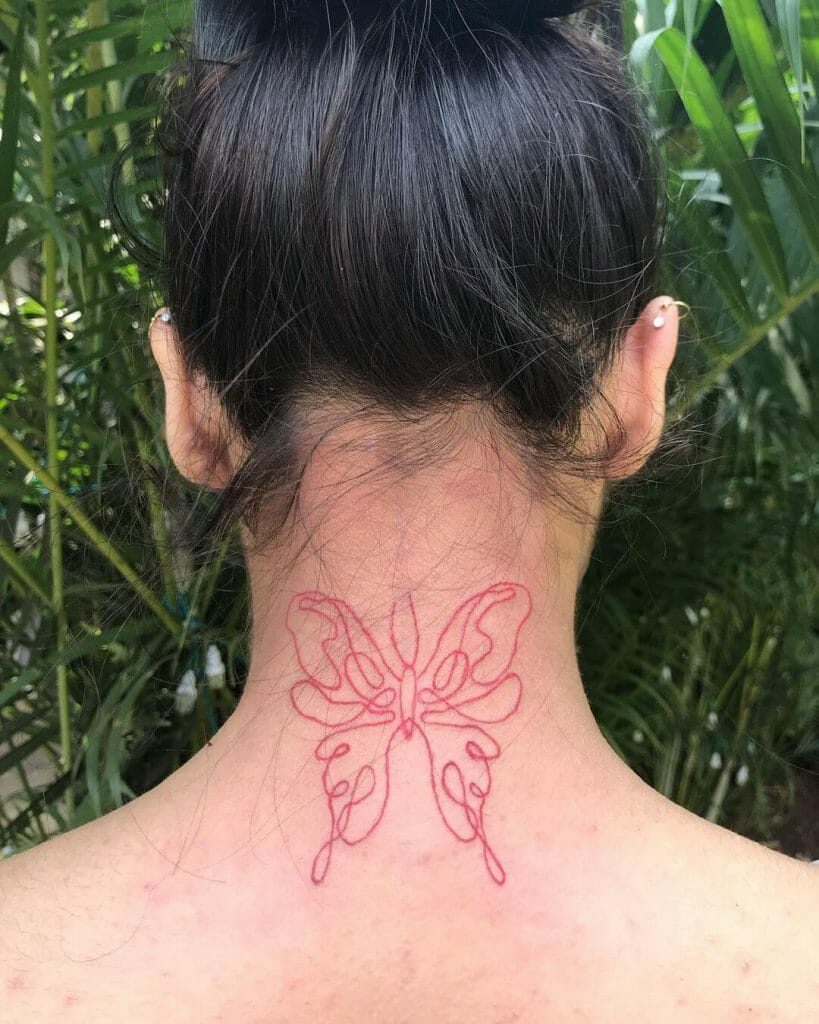 Red Butterfly Neck Tattoo