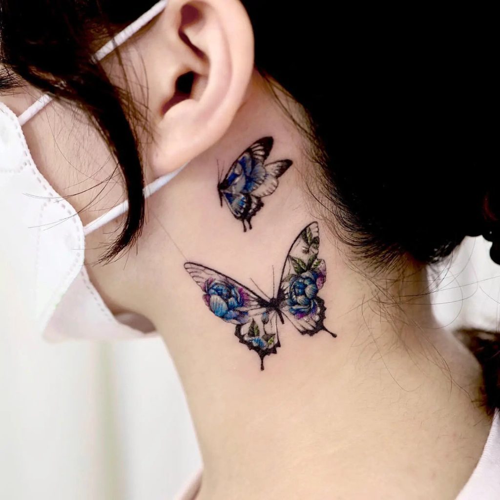 Blue Butterfly Neck Tattoo