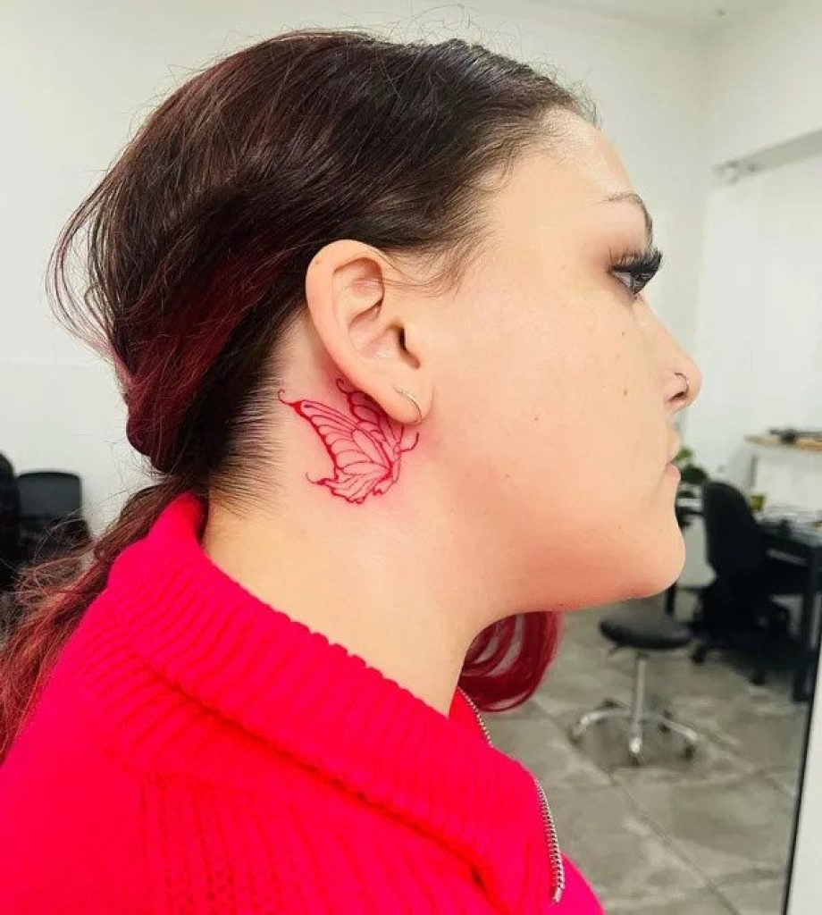Red Butterfly Neck Tattoo