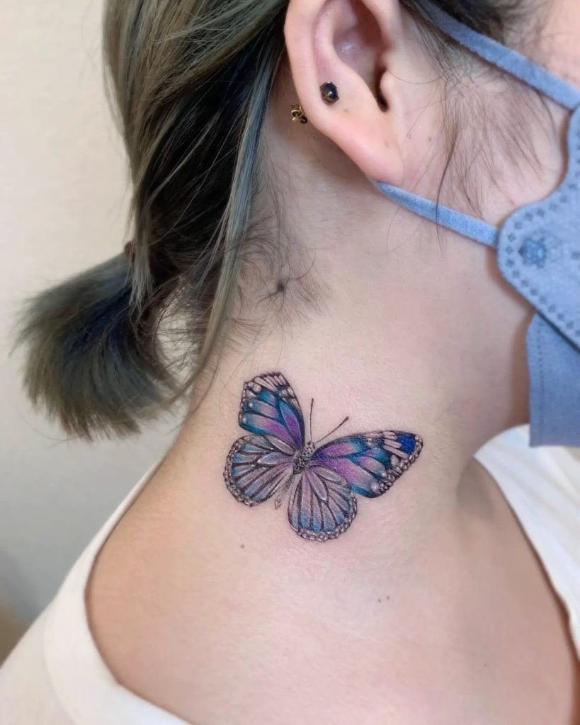 Blue Butterfly Neck Tattoo