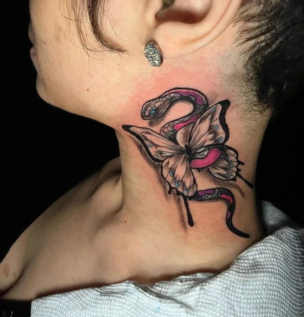 Butterfly and Snake Neck Tattoo