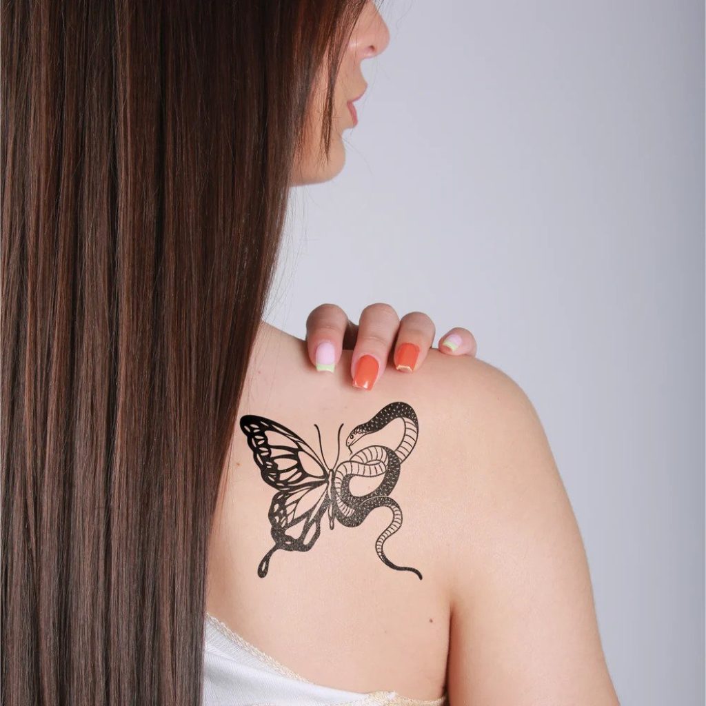 Butterfly and Snake Neck Tattoo