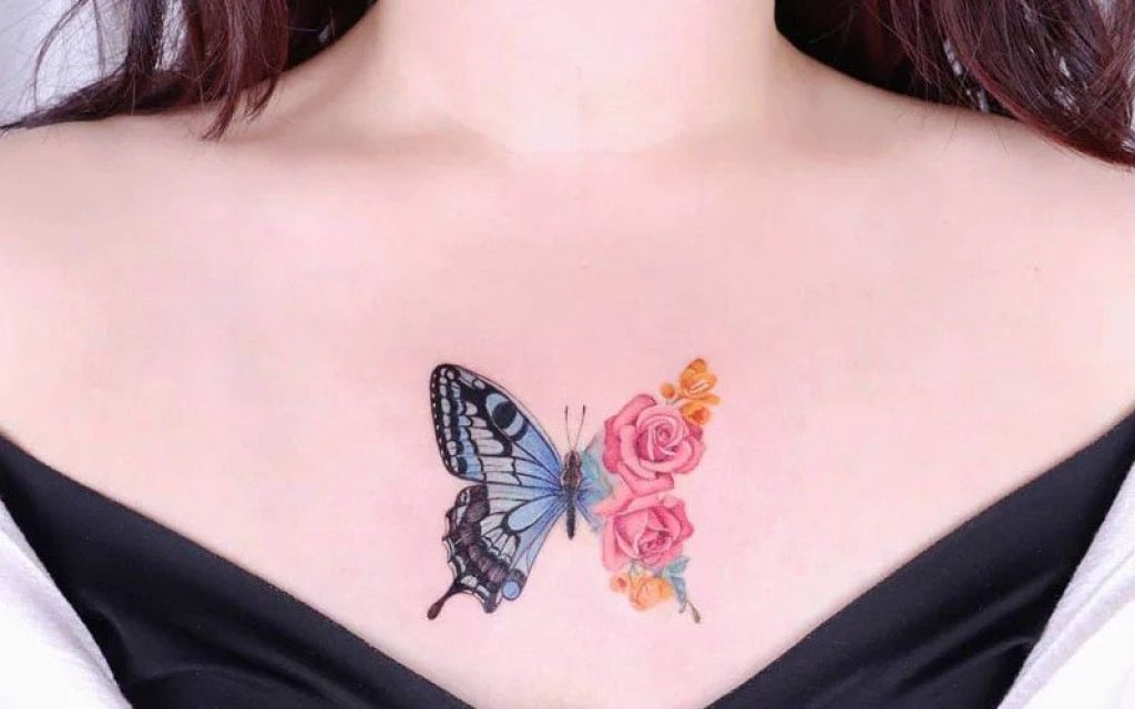 Butterfly and Flower Neck Tattoo