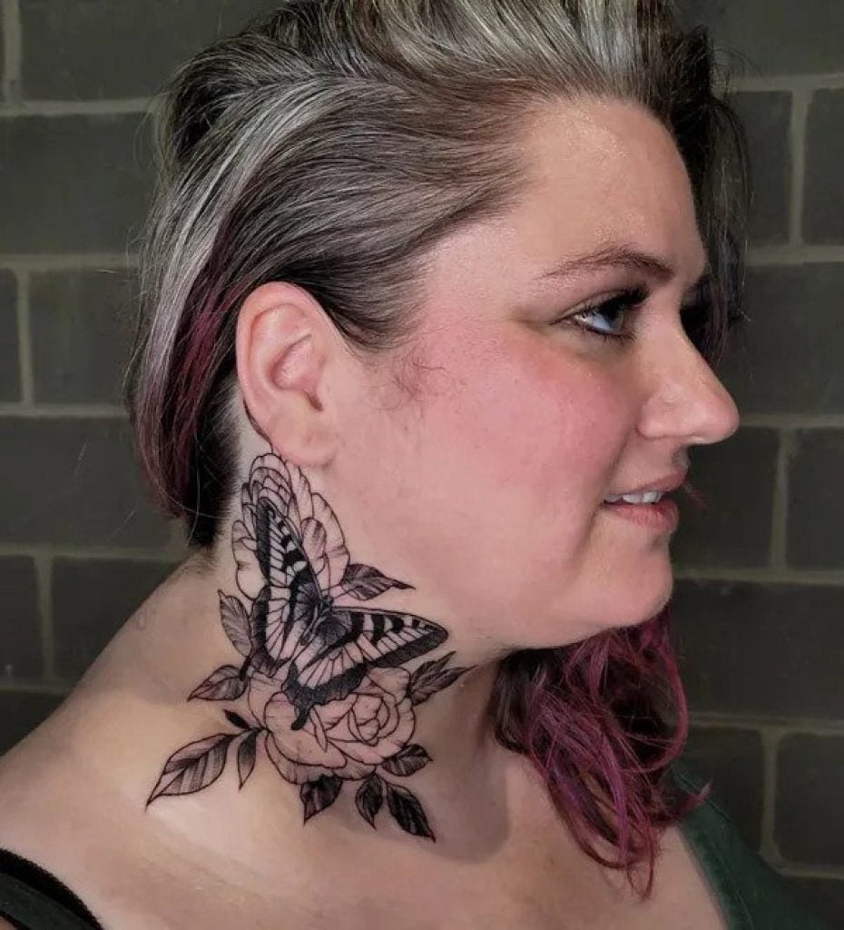 Butterfly and Flower Neck Tattoo