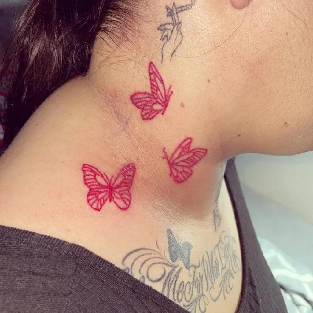 red butterfly neck tattoo