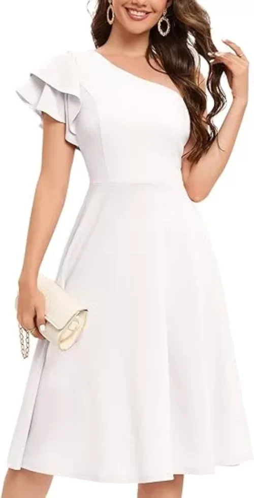 Bbonlinedress Womens One Shoulder Wedding Guest Dress 2023 Short Sleeve A-line Midi Formal Cocktail Dress