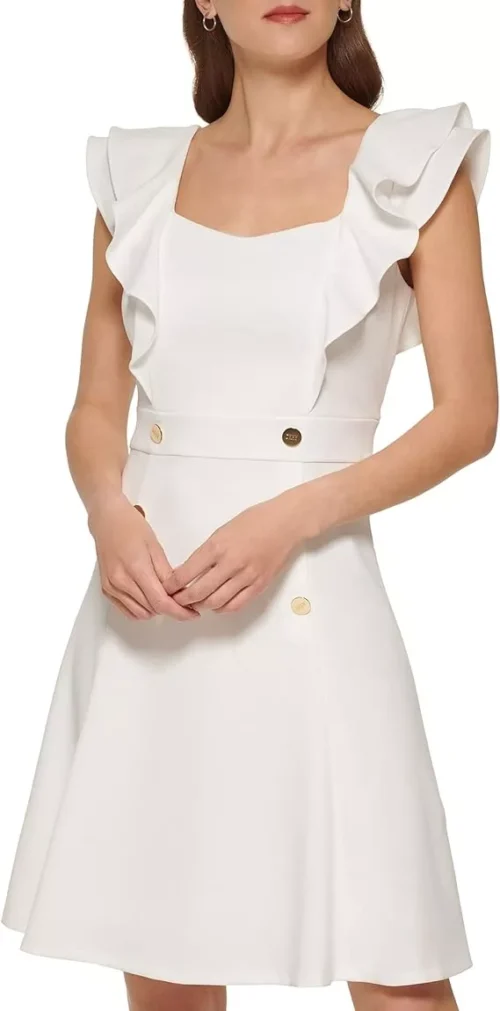 DKNY Women's Double Ruffle Sleeve Fit and Flare Dress