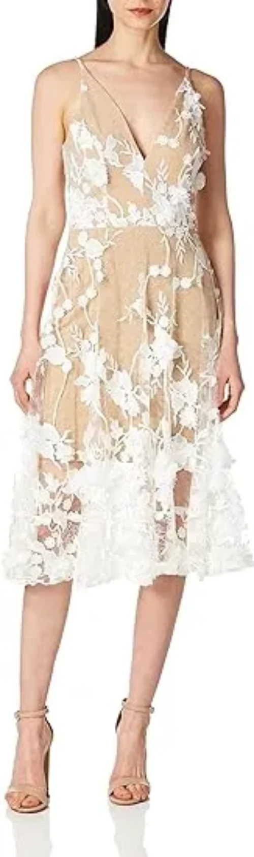 Dress the Population Women's Audrey Spaghetti Strap Midi A-line 3D Floral Dress