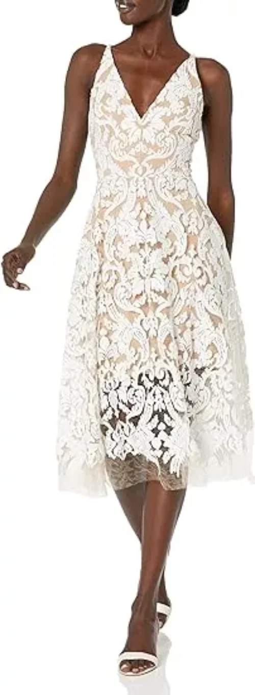 Dress the Population Women's Blair Plunging Fit and Flare Midi Dress