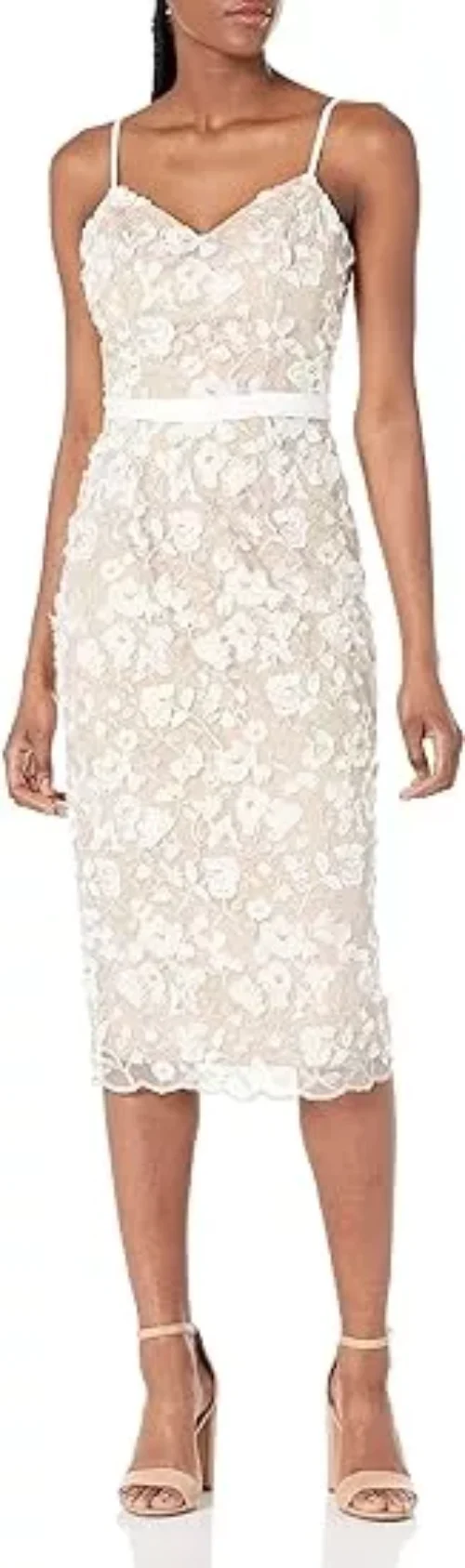 Dress the Population Women's Emma V Neck Embroidered Sleeveless Belted Midi Dress