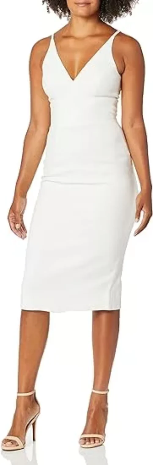 Dress the Population Women's Lyla Plunging Sleeveless Fitted Midi Sheath Dress