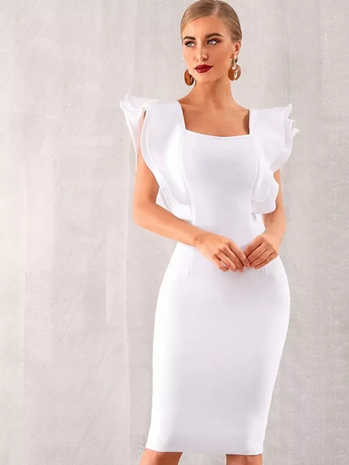 SDAUYDGYG Dresses for Women Solid Exaggerate Ruffle Trim Zip Back Cocktail Party Bandage Fancy Dress Women's Dresses